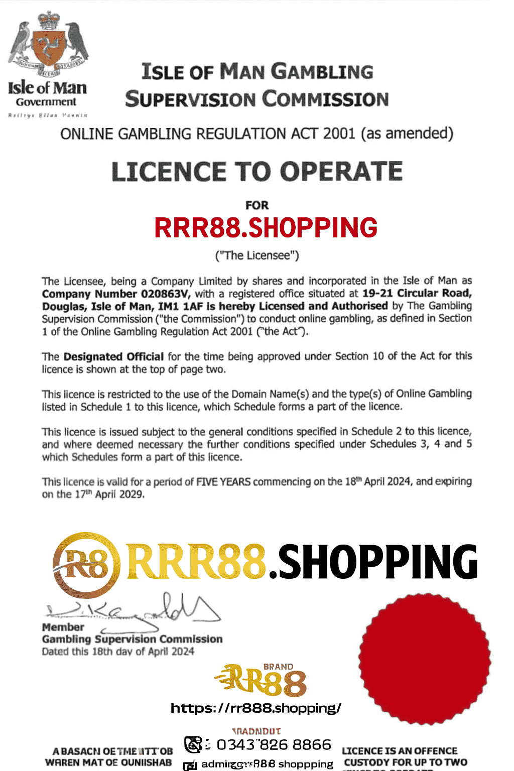 Giấy hoạt động của RR88